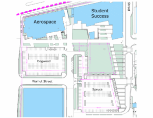 Map of the JSSB Lawn and nearby parking, along with dimensions