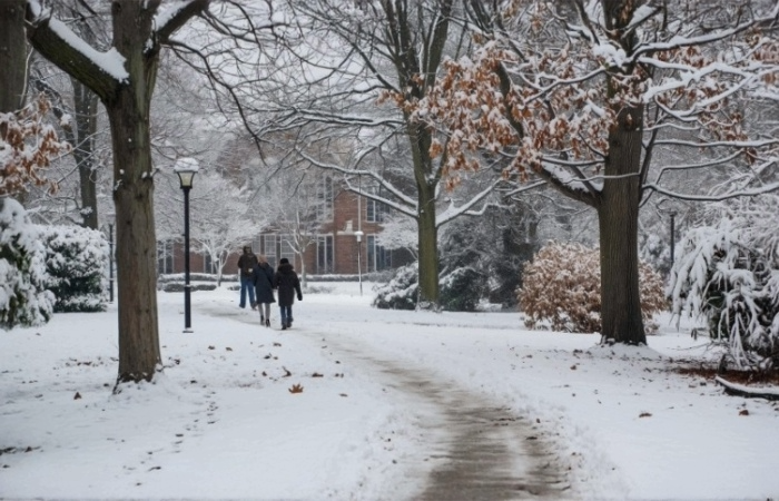 A few people in the distance walking towards a brick building on a snowy sidewalk that winds between trees