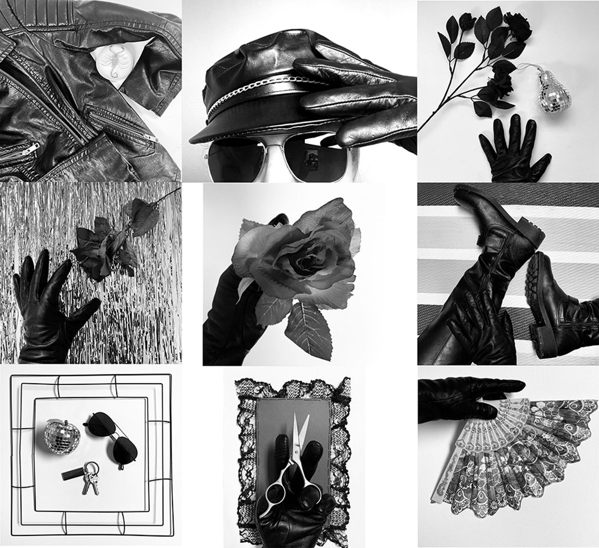 A grid of 9 black and white photos each showing a different collage of elements such as leather gloves, roses, a leather jacket, sunglasses, and lace.