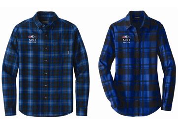 Blue flannel shirts with an MSU Denver logo on the upper-right part of the shirts