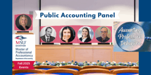 banner image for the Department of Accounting's 9/26/25 public accounting panel event - background image of the front of a room with a podium and panel speaker set up with the headshots of our MC and 4 panelists, the 