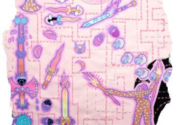 Collage of colorful abstract weapons and a figure with flaming torches on a pink textured background.