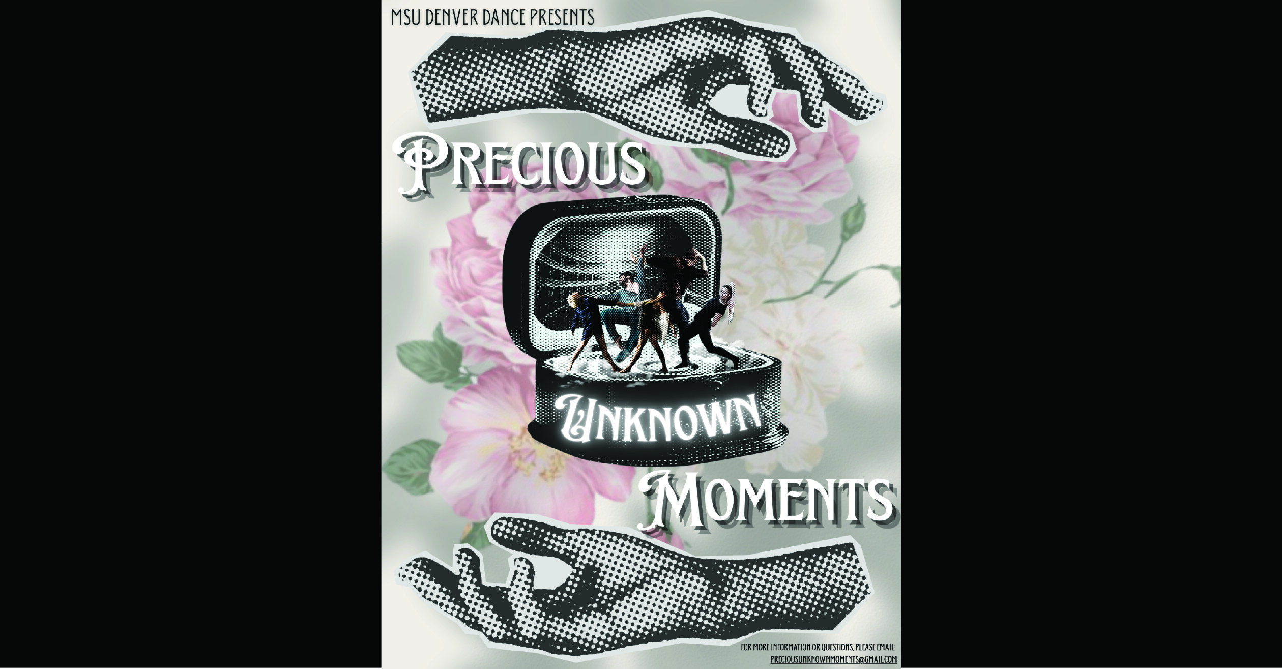 Two hands, one above and one below an open musical jewelry box with five dancers. The hands, music box and people standing in the music box are all in pointlism art style. The hands and music box are in black and white. The dancers and flowers in the background are in color. The background are variations of pink peonies and green petals.