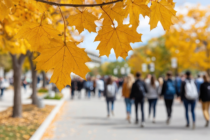 Fall leaves on a branch with students walking on thoroughfare.