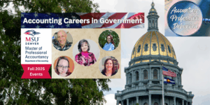 Banner image for our 10/17/25 Accounting Careers in Government event recap blog post - background photo of CO State Capitol building with 5 speaker headshots and the event title 