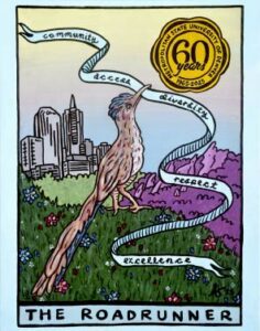 Alumni Featured Artist image "The Roadrunner" - a bird holding a ribbon in front of the Denver skyline