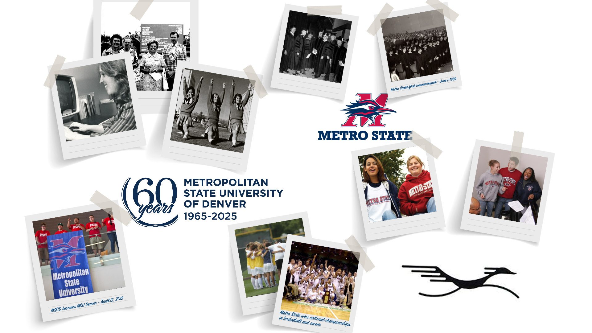 Graphic featuring the MSU Denver 60th Anniversary (1965-2025) logo, the old Metro State M-bird logo, and a cartoon roadrunner from the 1970s. Mixed in are photos of various moments throughout the university's history, including the 2012 name change, 1969 first commencement, national championships in basketball and soccer, and other various old photos