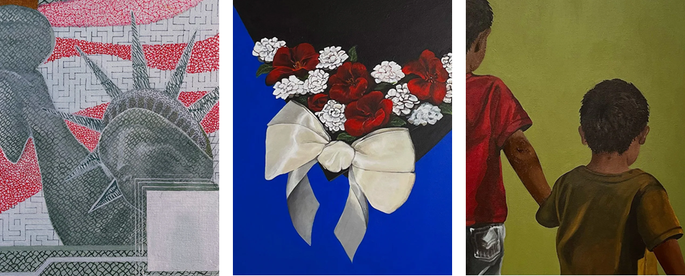 3 different images by Ruth Alvarez Luna 1. A painting of the Statue of Liberty; 2. A painting of Red and white flowers next to a white bow; 3. A painting of two children holding hands.