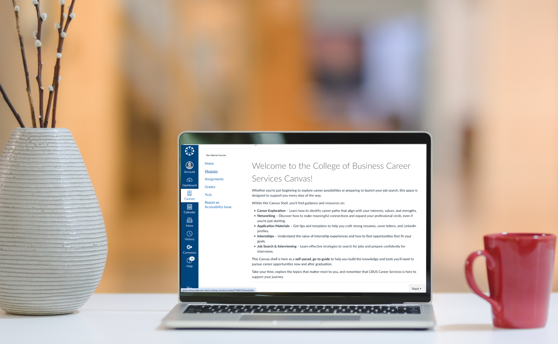 a picture of a desk with a computer on it. The computer has a screenshot of the College of Business Career Services Canvas Shell