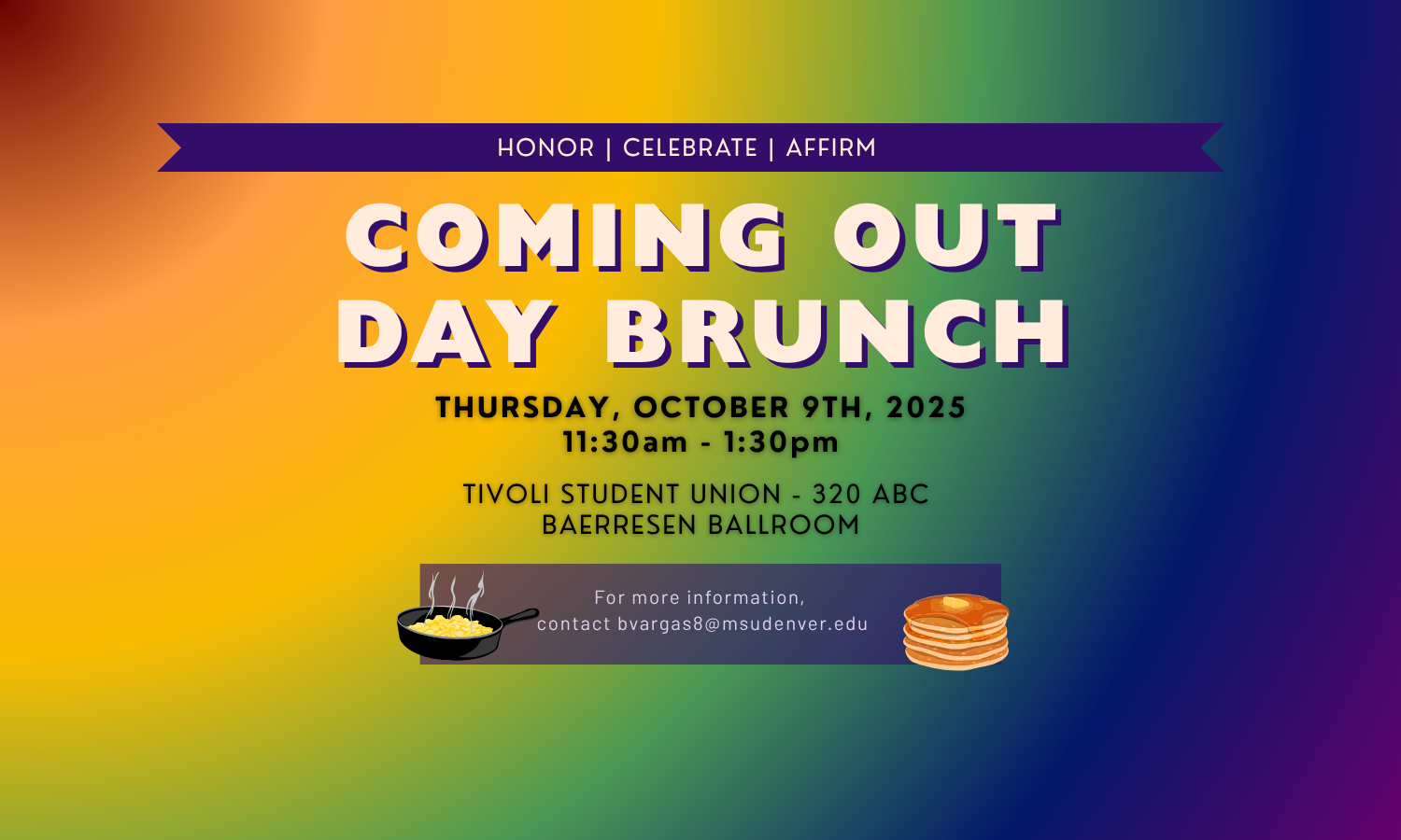a flyer detailing the Coming Out Day Brunch on Thursday, October 9th from 11:30a - 2:30p in the Tivoli Student Union, 320ABC - Baerresen Ballroom