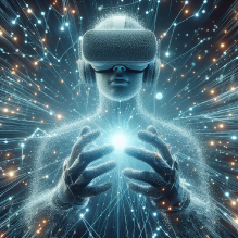 A person wearing a VR headset, interacting with a virtual environment