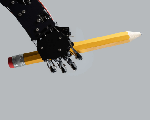 A black mechanical robot arm holds a pencil