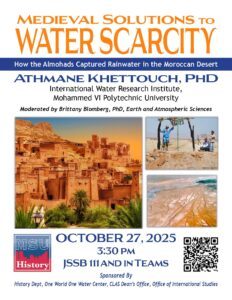 Event flier for Oct. 27 event- Medieval Solutions to Water Scarcity