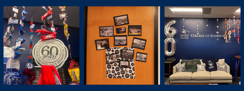 a photo collage of pictures from the college of business homecoming decorations