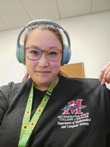 Kathryn Williams wearing a "retro" Math Dept shirt 