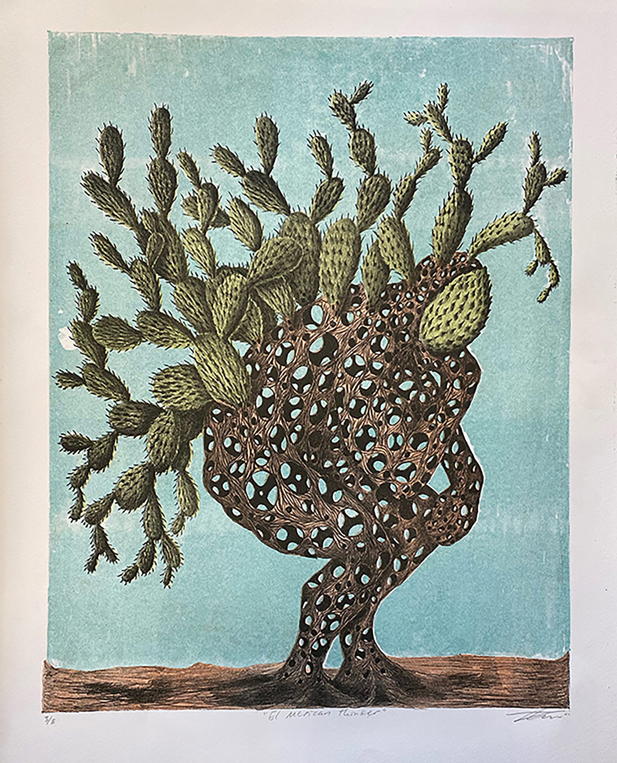The roots of a large nopal cactus shaped into the figure of a man in a seated pose with his elbow on his knee and his chin in his hand. The main part of the plant rests upon his back.