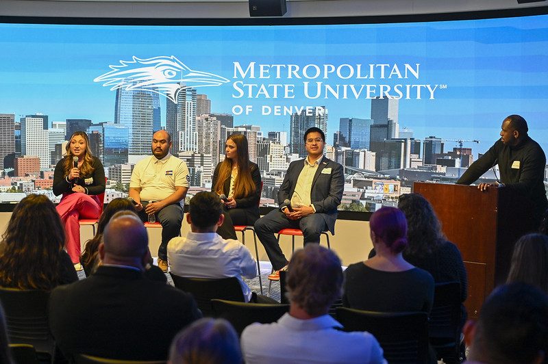 MSU Denver recent graduate panelists (L-R): Laryss Rodriguez, Sports Producer, CBS4 Colorado; Justin Garcia, Stadium Facilities, Colorado State University; Shelby Robb, Sponsorship & Sales, University of Northern Colorado; Javier Florez, Multicultural Marketing, Denver Broncos. Photo: John Leyba