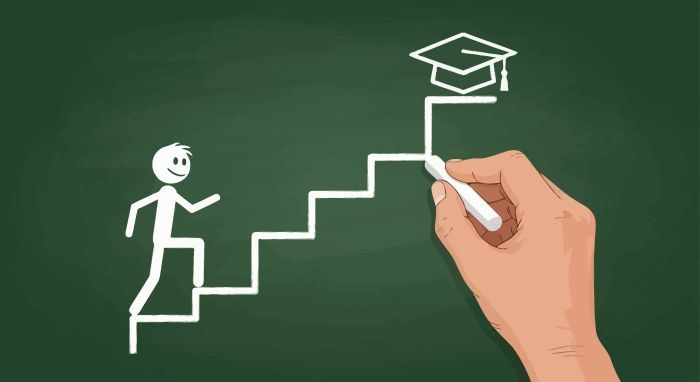 A cartoon hand draws a chalk staircase leading a person to a graduation cap