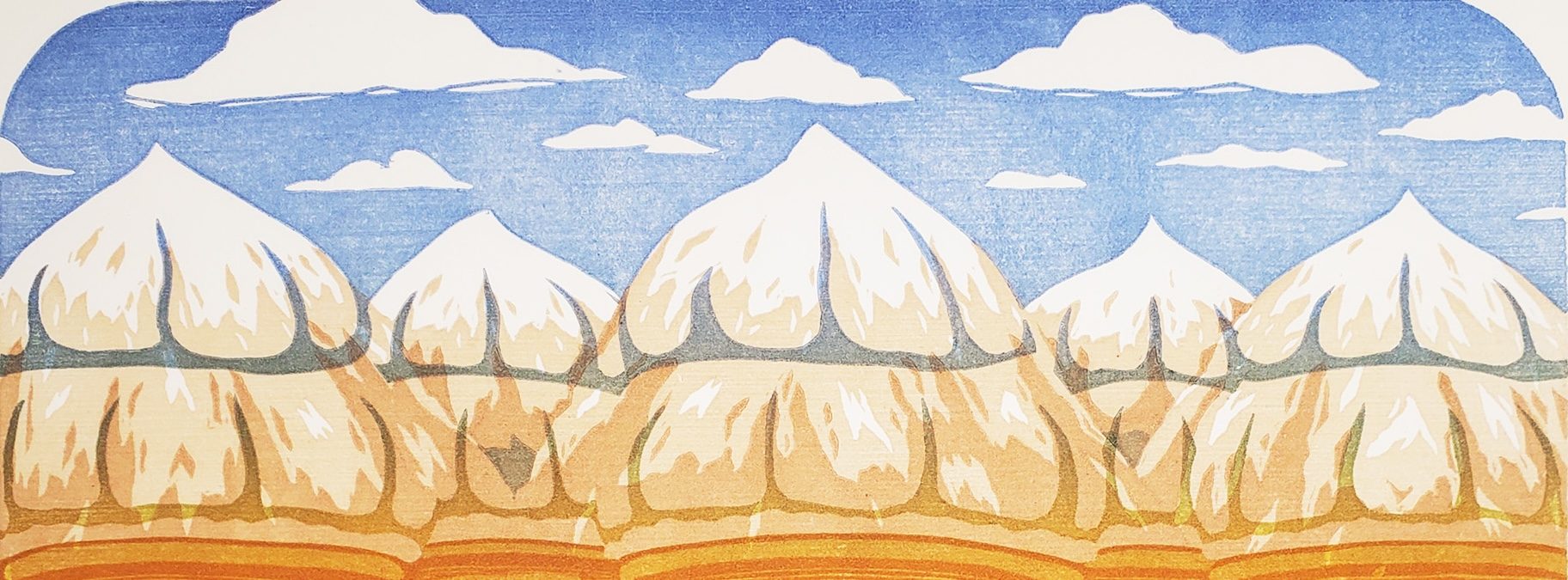 An illustrated row of snow covered mountain peaks that are actually white, soft-serve ice cream on cones.