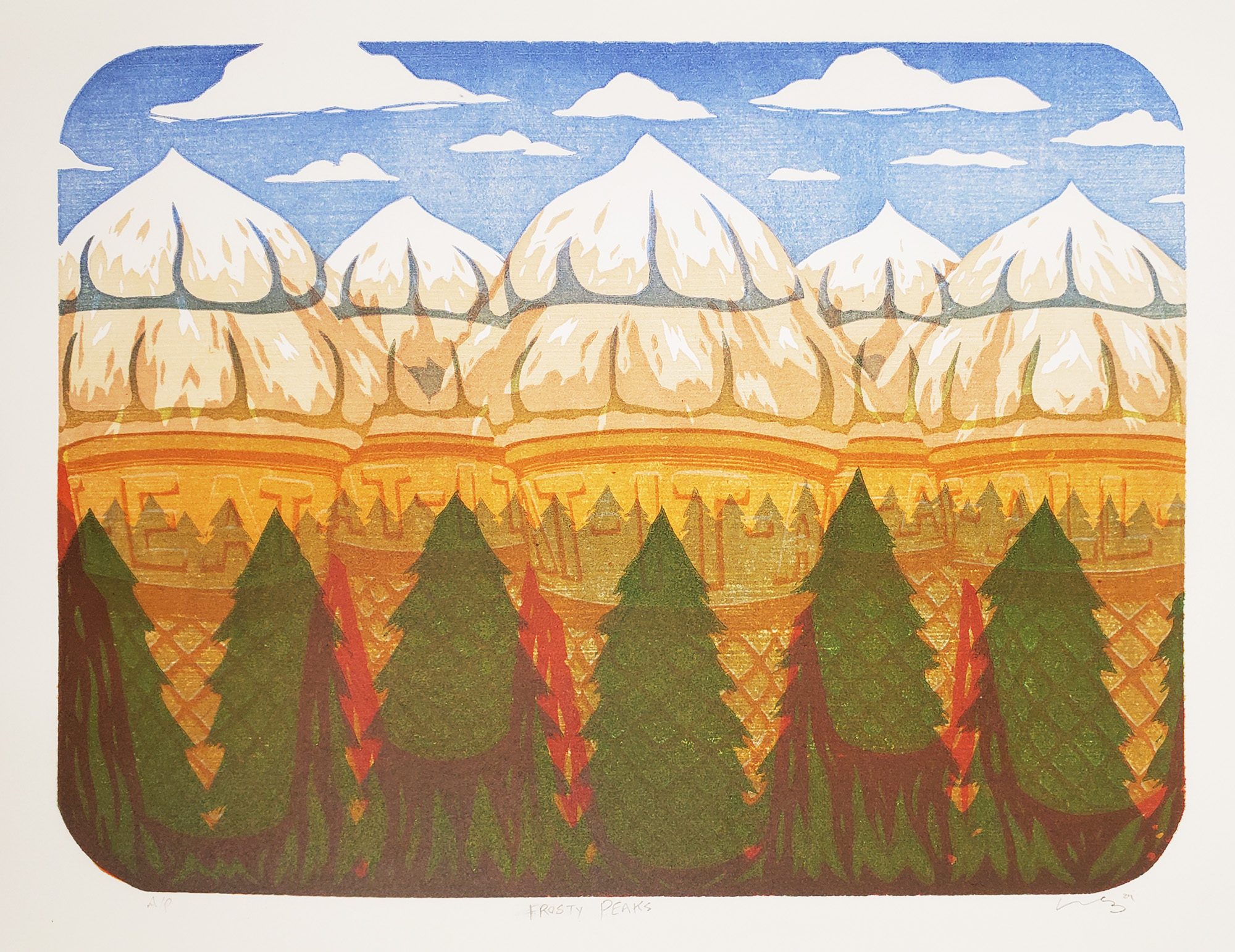 An illustrated row of snow covered mountain peaks that are actually white, soft-serve ice cream on cones. There is a row of pine trees in the foreground.