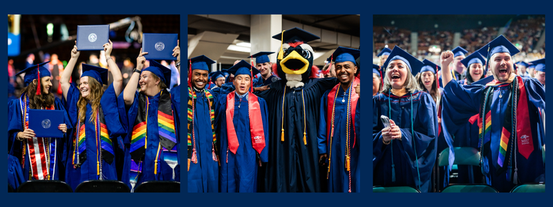 Graduating MSU Seniors smiling next to Rowdy as well as holding their diplomas with excitement
