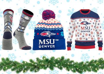 MSU Denver holiday gear with Roadrunner-themed socks, hat, and a sweater over snowflakes with a green garland on the bottom