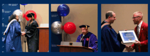 A collage featuring three photos from the MSU Denver College of Business Fall 2025 Hooding Celebration. The images show a graduate being formally hooded by a faculty member, another graduate receiving a certificate, and a faculty member speaking at the podium with red, silver, and blue balloons visible.