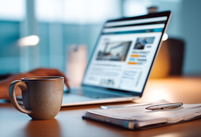 A person's hand is typing on a laptop in the background while a mug and journal are more in focus on a table