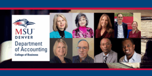 collage of 6 accounting faculty headshots, 1 headshot of a pending Fall '25 MPAcc graduate, and a photo of a faculty and alumni, who are all authors of recent publications, next to a department of accounting logo