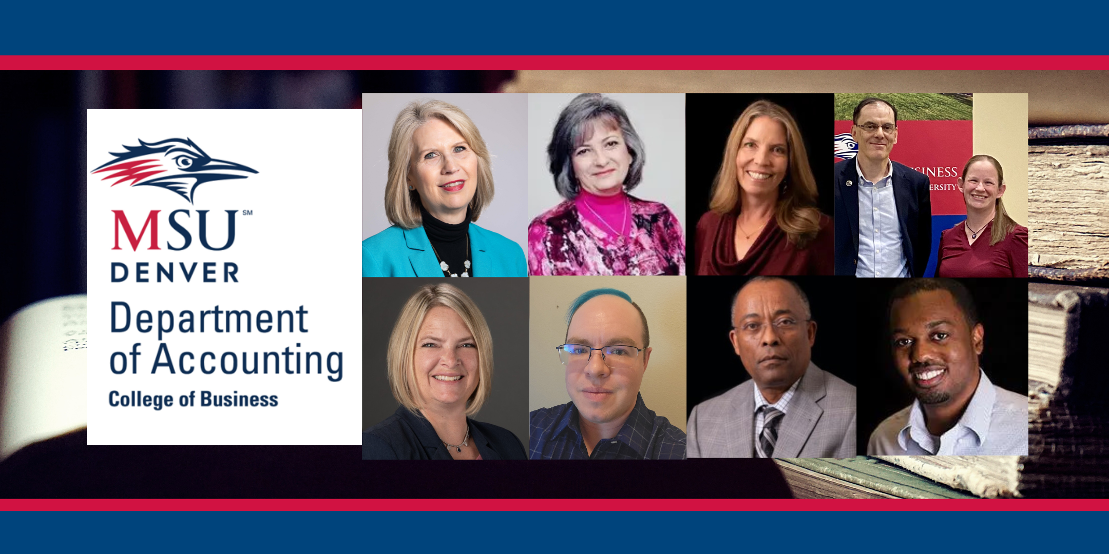 collage of 6 accounting faculty headshots, 1 headshot of a pending Fall '25 MPAcc graduate, and a photo of a faculty and alumni, who are all authors of recent publications, next to a department of accounting logo