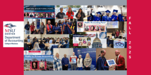 collage with a red background, Department of Accounting MSU Denver logo on the left side, 