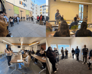 Four-panel collage showing an affordable housing tour: outdoor gathering, classroom presentation, flyer handout, and apartment unit view.