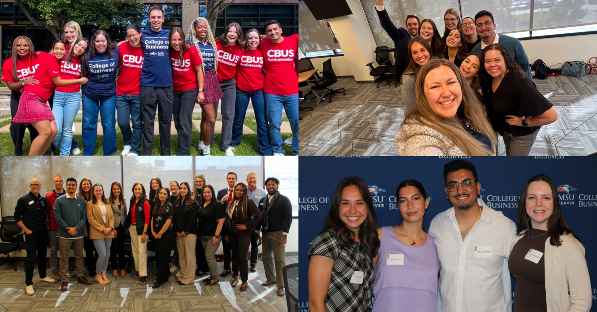 A collage of four photos showing CBUS student ambassadors together at different events. The photos include ambassadors posing outdoors in CBUS shirts, a group smiling and taking a selfie in a classroom, a larger group standing together during a professional event, and several ambassadors posing in front of a College of Business backdrop