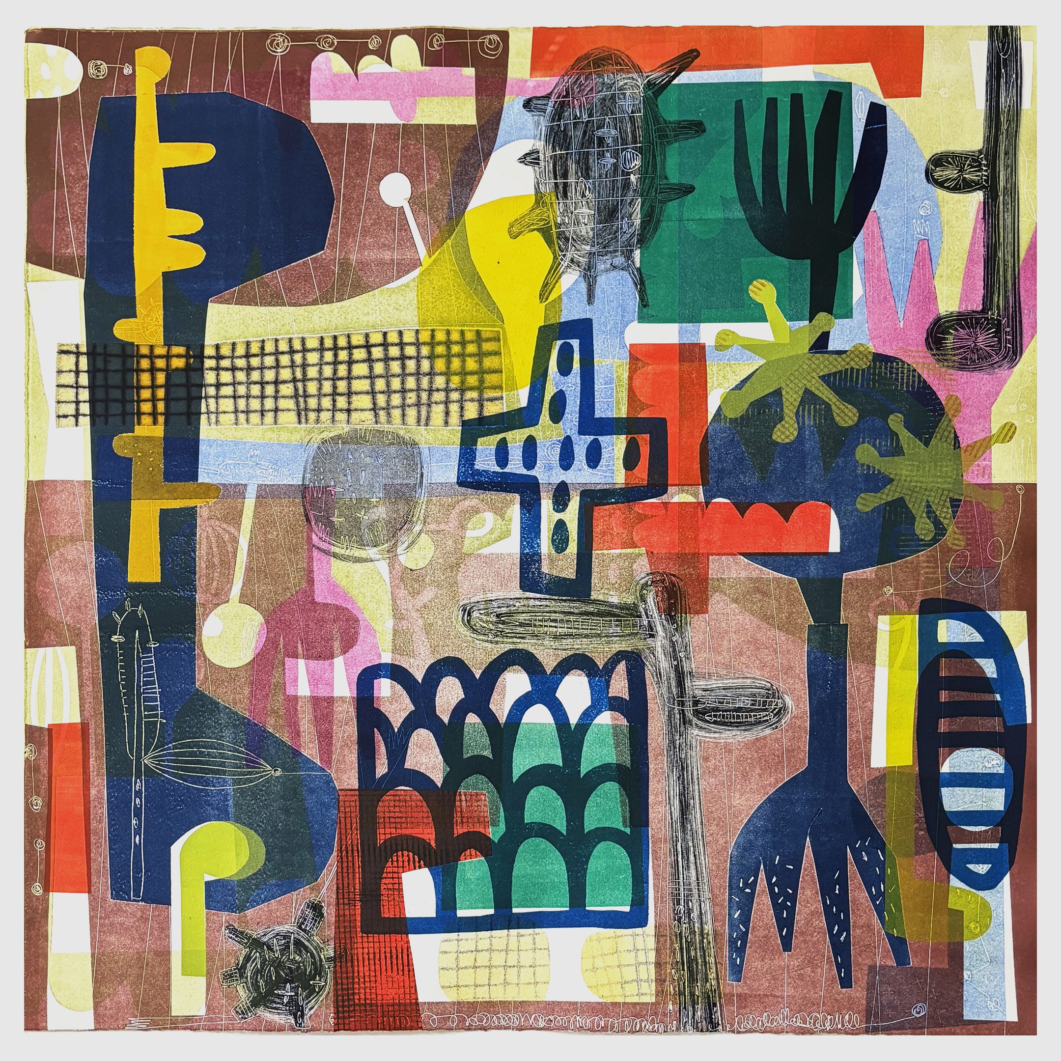 A colorful monoprint with many, layered, abstract shapes.