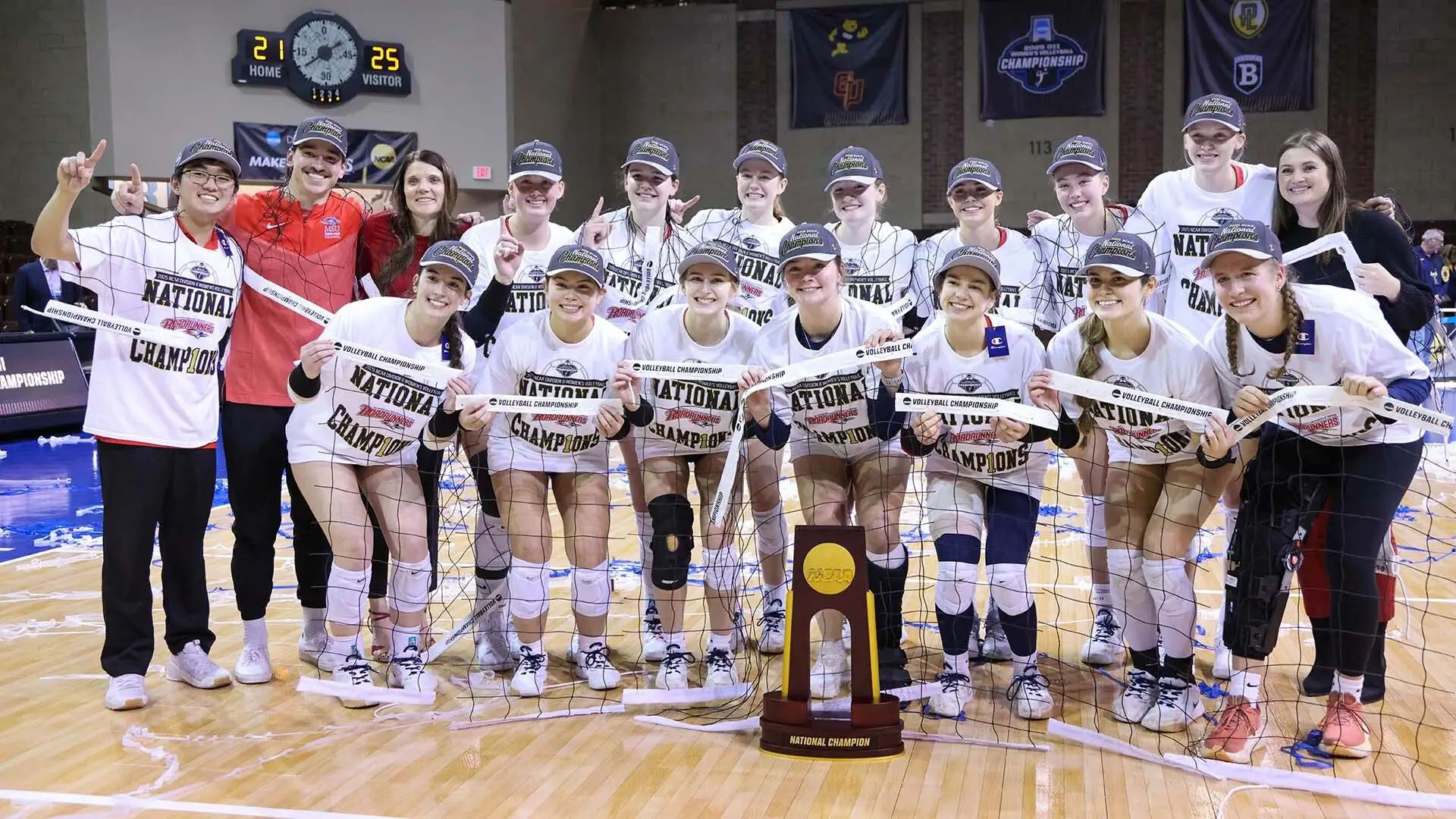 MSU Denver Volleyball celebrates its first national championship, following at 3-1 victory over Concordia-St. Paul on Dec. 13, 2025. Photo by Miranda Sampson