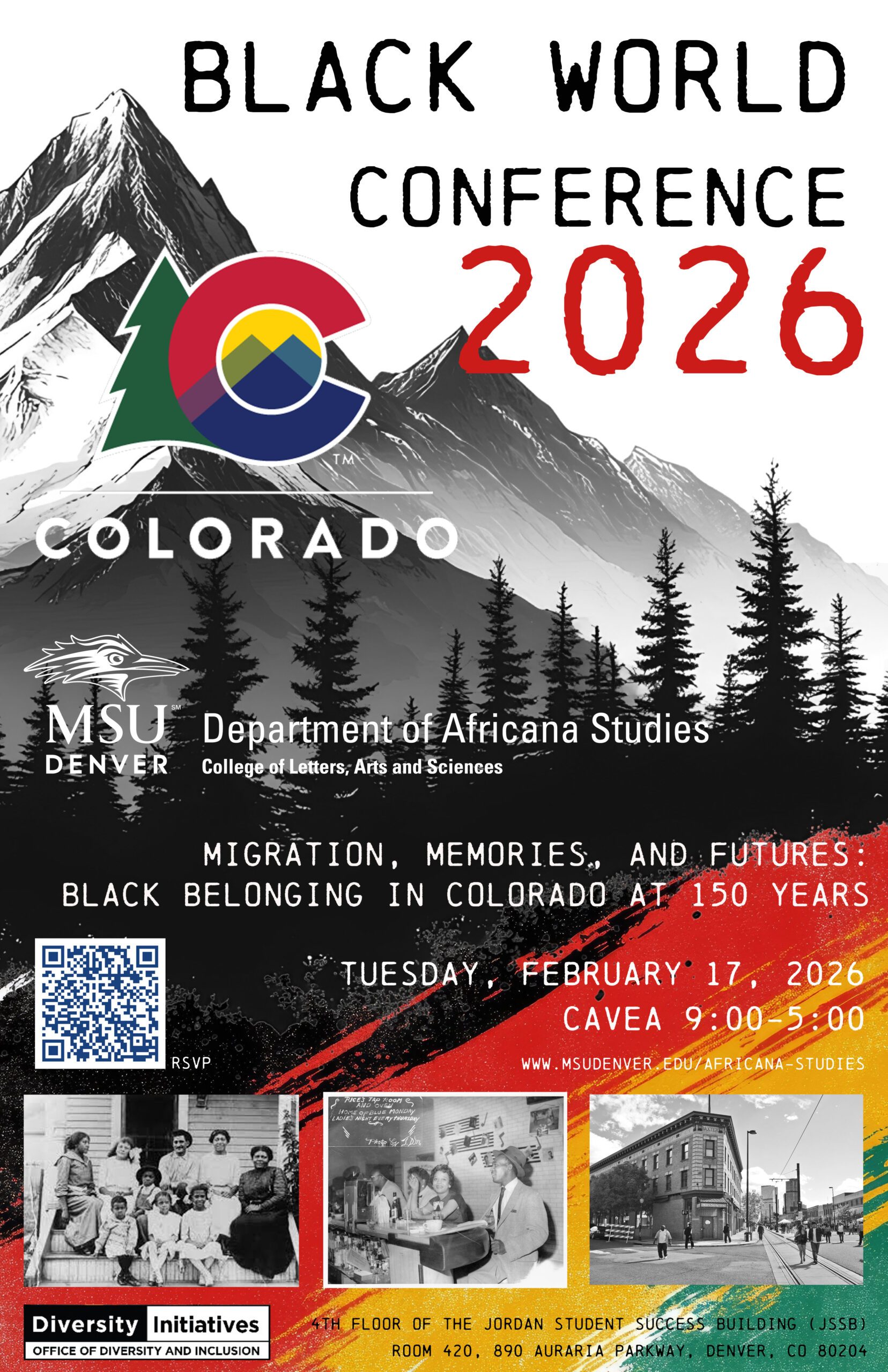 43rd Black World Conference Poster. Date: February 17, 2026, Time: 9:00AM-5:00PM, Location: CAVEA SSB Building Room 420.