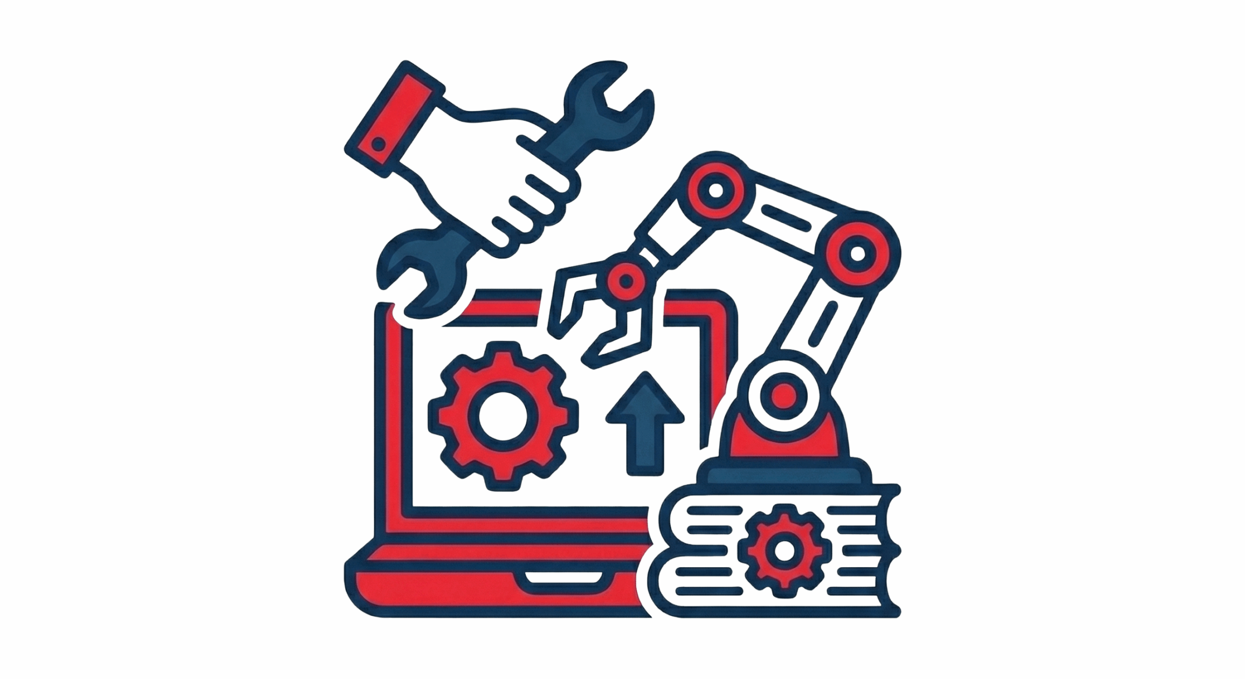 Illustration of a robotic arm and tools interacting with a laptop and gears, representing automation and AI support for work processes.