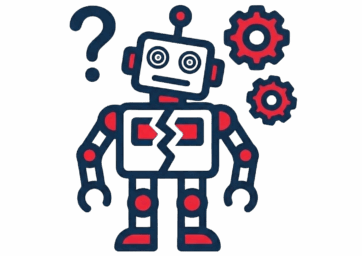 Illustration of a robot with a cracked torso, gears nearby, and a question mark above its head, representing confusion or limitations in automated systems.