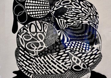 A black-and-white abstract composition of overlapping, patterned shapes forming a rounded, mounded cluster.