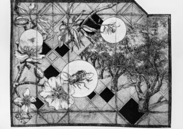A gray-scale print of a tiled background with diagonal lines and black diamonds, overlaid with circular medallions containing botanical and insect motifs, including flowers, branches, and bees.