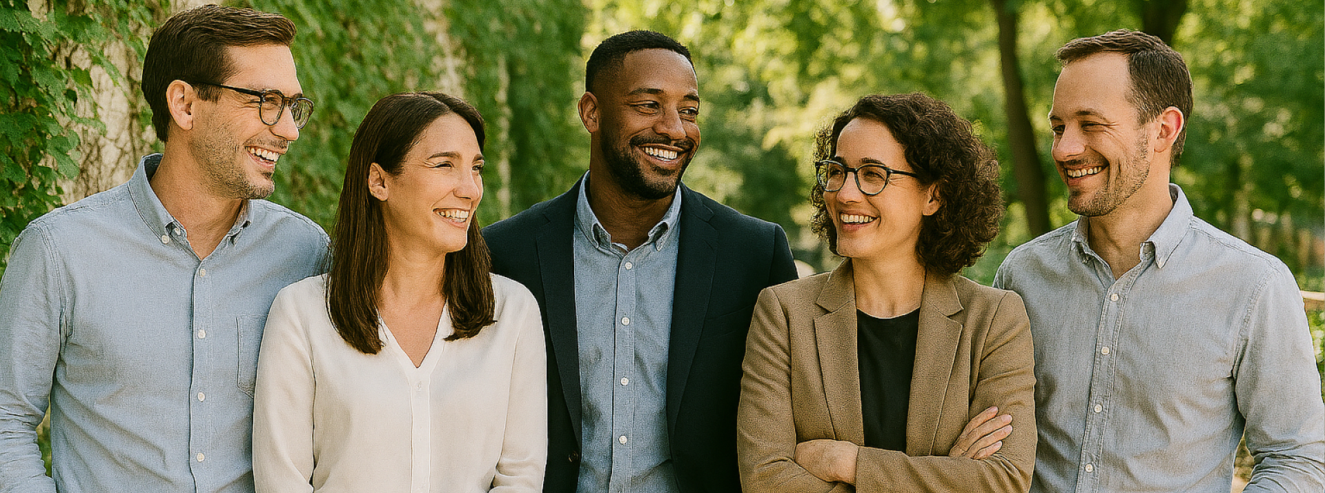 Five people standing in an outdoor setting