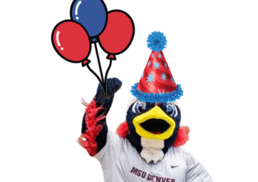 MSU Denver Mascot Rowdy the Roadrunner with party supplies