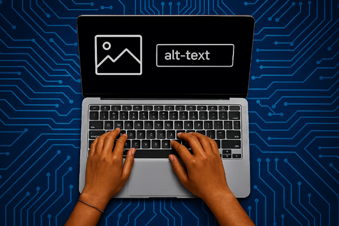 An overhead picture of hands typing on a laptop. The laptop says alt text.