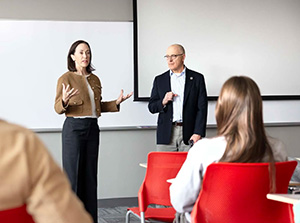 President Janine Davidson, Ph.D., and University General Counsel David Fine, J.D., co-teach The Politics of Free Speech class.