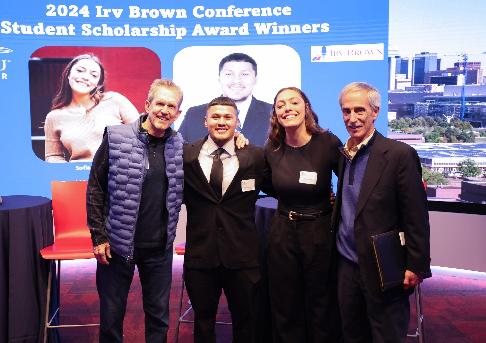 L to R: Mark McIntosh of the Irv Bround Endowment fund; scholarship winners Rene Dominguez and Sofia Nazarenus; Jim Epstein, executive director of Write on Sports. Photo: Andrew Schlichting