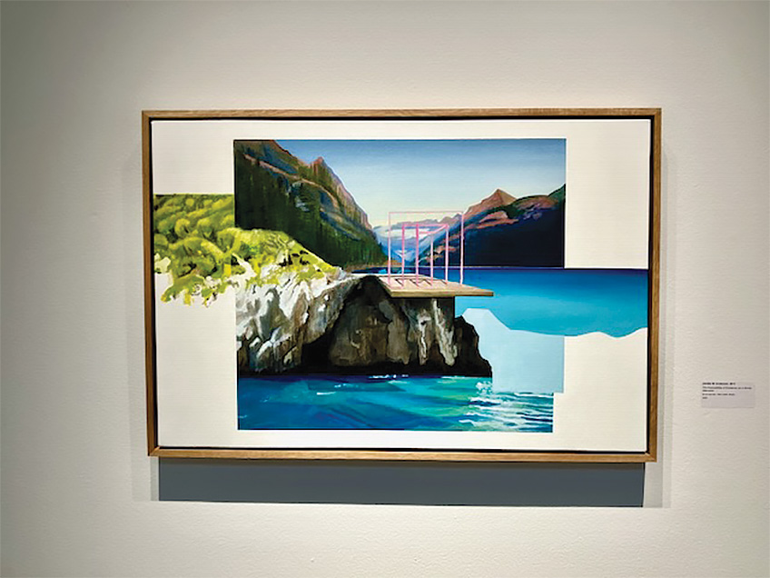 A surreal painting of a rocky coast with a platform and pink geometric structures against mountainous scenery.