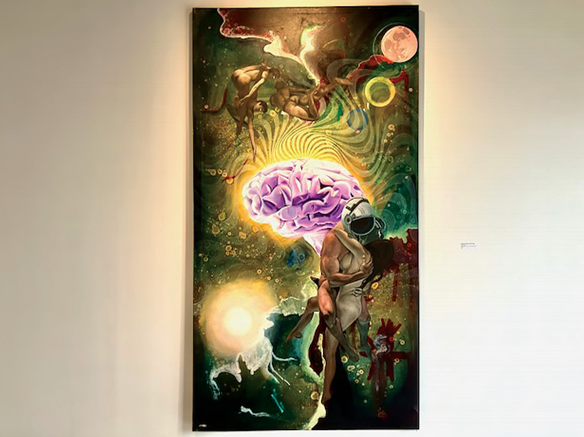 Surreal painting with a purple brain at the center, surrounded by concentric swirls, a floating male figure, and an astronaut against a cosmic background.