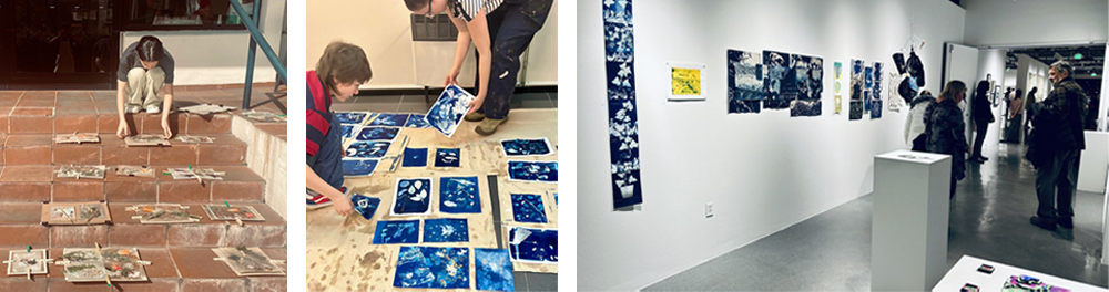 3 panel series of snapshots, first is a student creating a botanical collage outside in the sunshine, second is two students arranging cyanotypes on into a grid, third is a wide shot of the exhibition wall at the CVA.