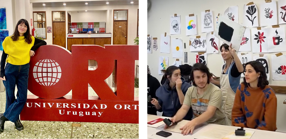 2 panels of photos, first is Professor Kelly Monico standing in front of the ORT sign in Uruguay, second is a candid of Professor Monico teaching the students in Uruguay during class.