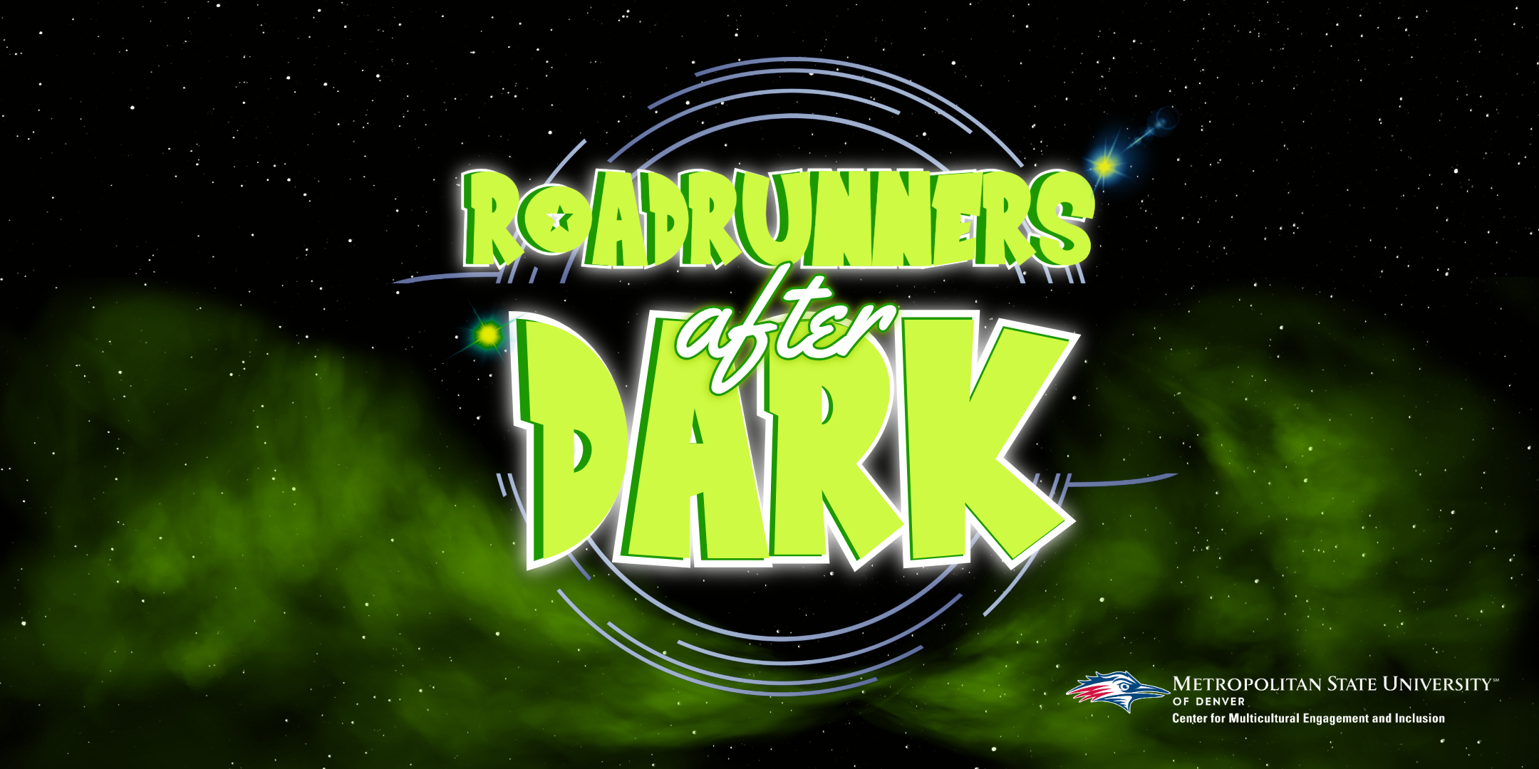 Roadrunners After Dark logo for Spring 2026, Neon green logo on dark background